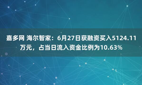 嘉多网 海尔智家：6月27日获融资买入5124.11万元，占当日流入资金比例为10.63%